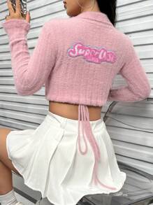 Flirla 字母貼布抽繩後短款開衫 - 粉色 - 查看 1