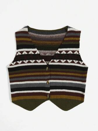 Chaleco De Suéter Con Botones Delanteros, Rayas De Bloques De Color Para Mujeres