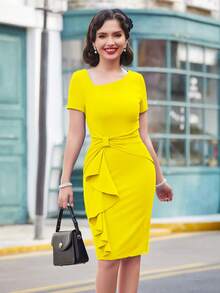MUXXN Asymmetrical Neck Ruffle Trim Dress - Yellow - View 6