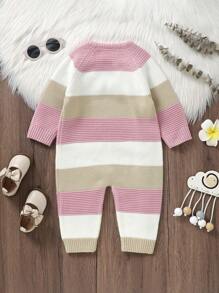 SHEIN Vintaside Kids 女嬰撞色前紐扣插肩袖針織連身褲