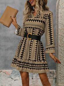 SHEIN LUNE In Địa lý Cổ có Lỗ hổng Xù Hoa Sen Váy Smock Không có thắt lưng - Màu Khaki - Xem 1