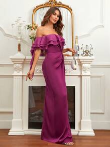 SHEIN Belle Off Shoulder Ruffle Trim Split Thigh Satin Formal Dress
