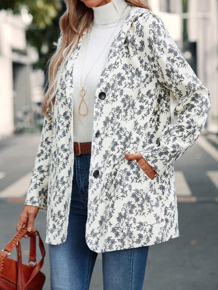 Allover Print Button Front Hooded Coat