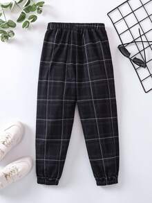 SHEIN 男孩格紋印花彈性腰帶長褲 - 黑與白 - 查看 2