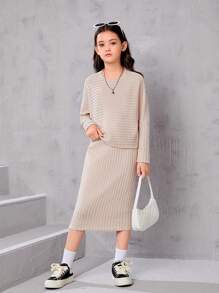 SHEIN Leap Crew Tween Girl 超大复古蝙蝠袖上衣和中长裙 2 件套 - 杏色 - 查看 4