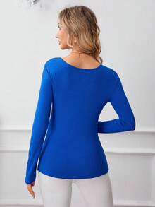 SHEIN Frenchy Camiseta con botón tejido de canalé - Azul - Ver 2