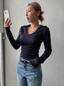 DAZY 纯色V领罗纹针织长袖T恤（女款） - 藏蓝色 - 查看 5