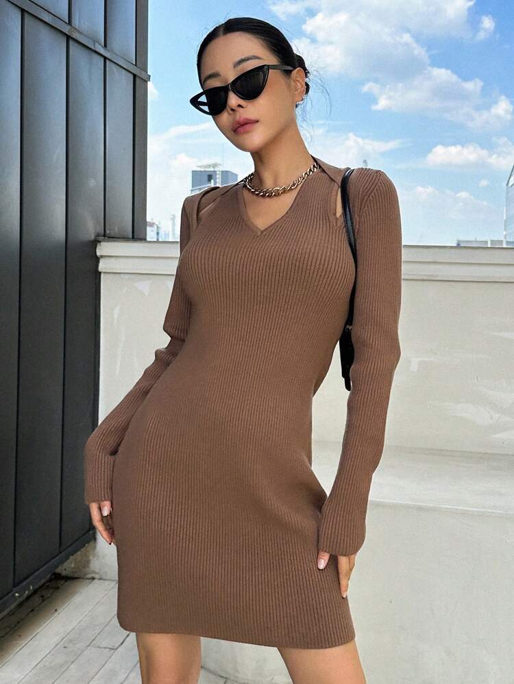 Cut Out Ribbed Knit Sweater Dress
