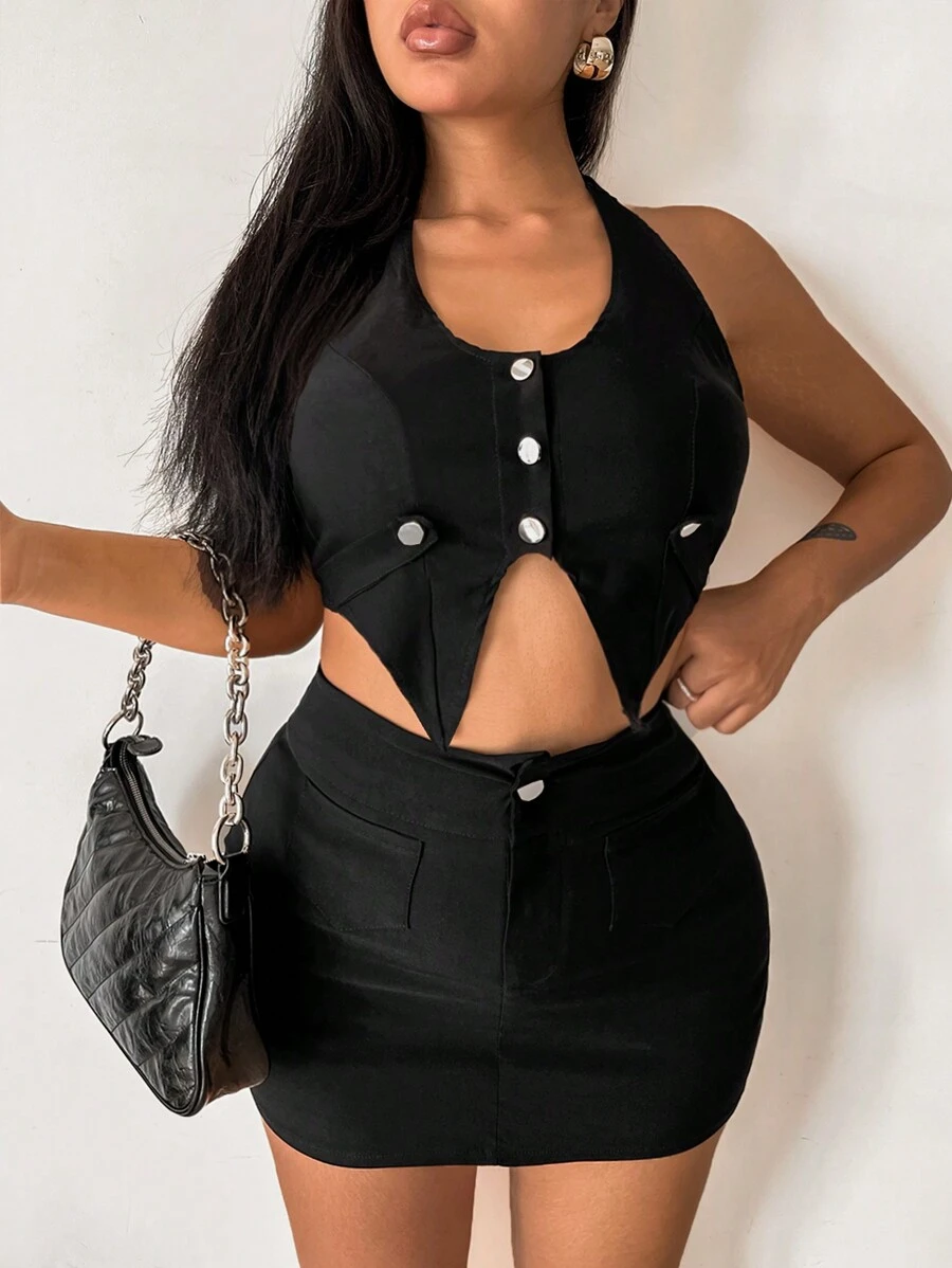 Zolique Button Front Halter Top & Bodycon Skirt - Black - View 1