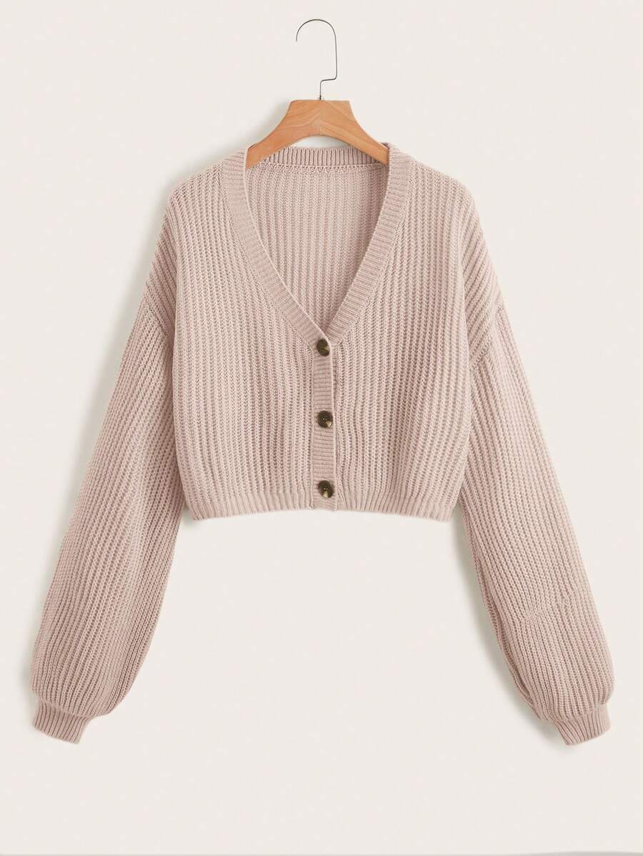 SHEIN EZwear Solid Button Front Ribbed Knit Cardigan In Fall/Winter - Pink - View 1