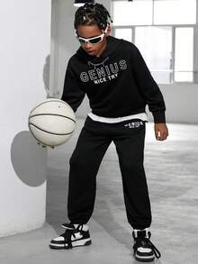 Cậu bé Tween Đồ họa Chữ cái Áo Hoodie & Quần thể thao - màu đen - Xem 5