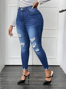 SHEIN LUNE 大碼破洞毛邊緣緊身牛仔褲 - 深色水洗藍 - 查看 4