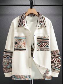 Manfinity Lỏng lẻo phù hợp Nam In Địa lý Đã vá Túi Nút phía trước Áo khoác - Màu be - Xem 1