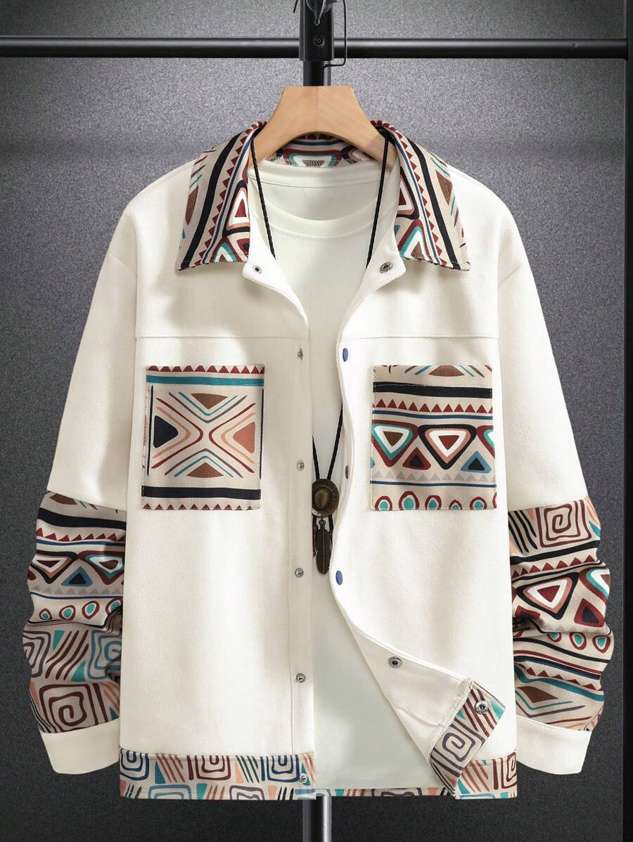 Manfinity Lỏng lẻo phù hợp Nam In Địa lý Đã vá Túi Nút phía trước Áo khoác - Màu be - Xem 1