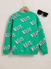 Tween Boy Letter Pattern Drop Shoulder Sweater - Green - View 2