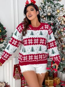 SHEIN Unity Áo len chui đầu tay trễ vai họa tiết cây thông Noel và bông tuyết, thích hợp cho mùa thu đông. - Nhiều màu - Xem 4