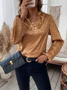 SHEIN LUNE Leopard Jacquard Lantern Sleeve Notched Neck Blouse - Brown - View 1