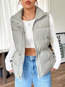 SHEIN EZwear Drawstring Waist Zipper Vest Padded Coat - Mint Green - View 1