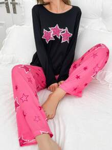 Star Print PJ Set - Black - View 1