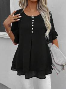 EMERY ROSE Flare Sleeve Half Button Blouse - Black - View 5