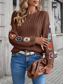 SHEIN Essnce Hoa Móc sự thêu Thả vai Áo len - Cà phê nâu - Xem 1