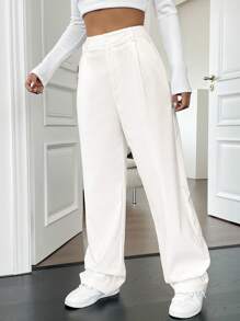 SHEIN Unity High Waist Slant Pocket Straight Leg Pants - White - View 5