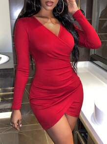 Glamine Charm Surplice Neck Wrap Ruched Side Tulip Hem Bodycon Dress - Burgundy - View 5