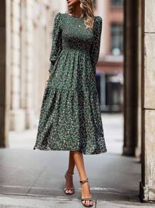 SHEIN Clasi 碎花印花灯笼袖荷叶边下摆连衣裙长款女装 - 彩色 - 查看 4