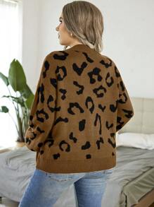 SHEIN LUNE Hơn Hoa văn Báo Thả vai Áo len Mở - màu nâu - Xem 2