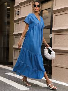 SHEIN Privé Chất rắn Xù Hoa Sen Denim Váy Smock - Màu xanh lam - Xem 2