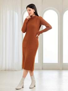 Seusyu Turtleneck Pocket Patched Sweater Dress & Sweater 2 Piece Set Fall Cloth For Women - Redwood - View 3