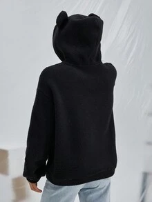 SHEIN EZwear 袋鼠口袋落肩袖3D耳朵設計抽繩毛絨帽衫 - 黑色 - 查看 4