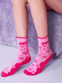 The Powerpuff Girls | ROMWE 1pair Women Cartoon & Heart Pattern Crew Socks - Pink - View 1