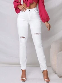 SHEIN Privé High Waist Ripped Skinny Jeans - White - View 1