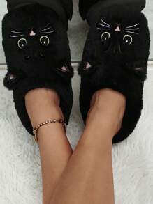 女士秋冬猫咪刺绣包头家居拖鞋，防滑室内拖鞋，情侣礼物，毛茸茸的鞋子 - 黑色 - 查看 2