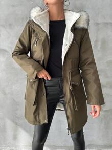 Flap Pocket Drawstring Waist Fuzzy Trim Hooded Thermal Lined Parka Coat - Army Green - View 7