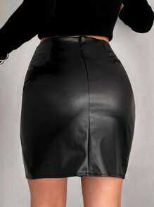 EURMUSE High Waist Split Hem PU Leather Skirt - Black - View 2