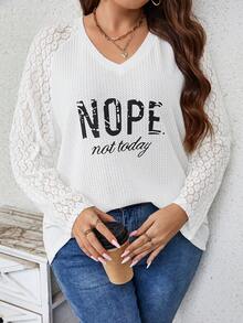 SHEIN LUNE 大碼字母圖案蕾絲拼接插肩袖華夫格編織上衣 - 白色 - 查看 4