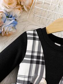 女嬰格紋印花荷葉袖假兩件洋裝 - 黑色 - 查看 4