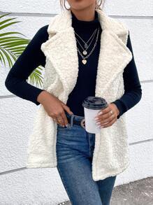 SHEIN LUNE Lapel Neck Teddy Vest Coat - Beige - View 6