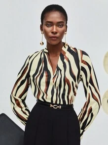 Maija Zebra Striped Print V Neck Blouse - Multicolor - View 4