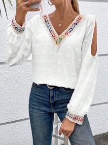 Chiquease Swiss Dot Contrast Tape Cut Out Lantern Sleeve Blouse - White - View 3