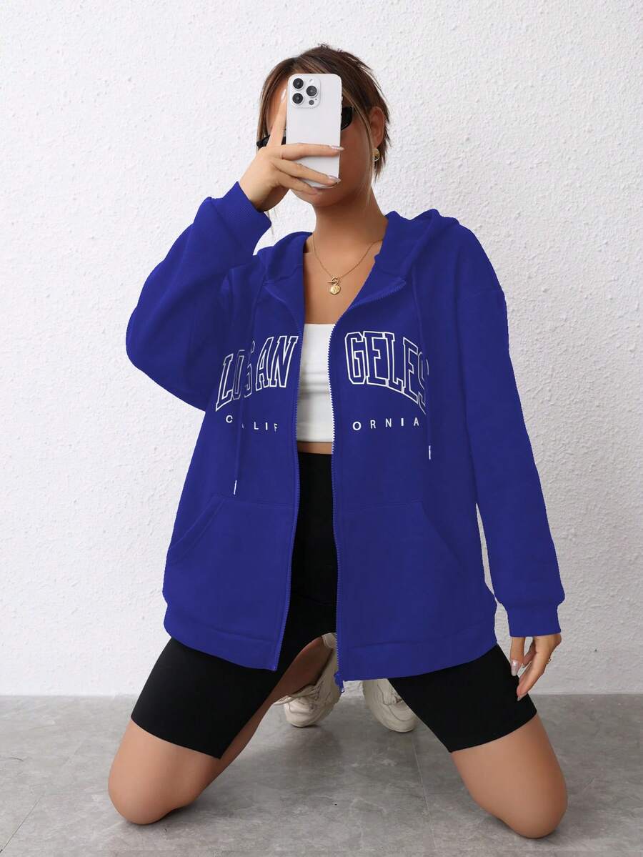 SHEIN EZwear Letter Graphic Zip Up Drop Shoulder Drawstring Hoodie - Royal Blue - View 1
