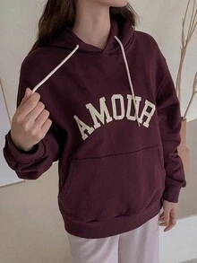 DAZY Letter Graphic Drop Shoulder Drawstring Hoodie - Burgundy - View 8