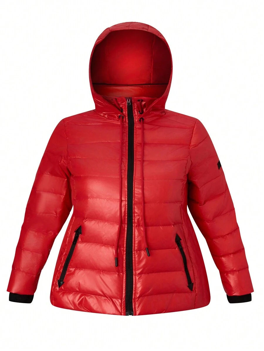 SHEIN LUNE 大碼拉鏈開襟連帽羽絨服 - 紅色 - 查看 1