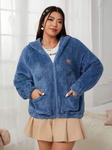 SHEIN EZwear Hơn Phim hoạt hình vá Chi tiết Túi Kép áo có mũ Áo Teddy Jackets - Màu xanh lam - Xem 1