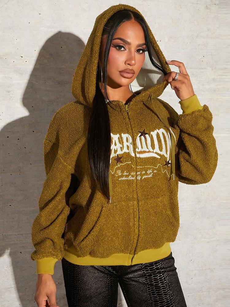 Letter Embroidery Drop Shoulder Hooded Teddy Jacket In Fall/Winter