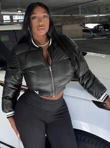 Slaydiva Áo khoác đệm da PU viền sọc - màu đen - Xem 4