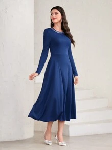 Modelyn 素色水鑽細節A字洋裝不附腰帶 - 霧霾藍 - 查看 5