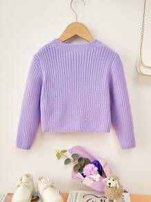 SHEIN Cô Gái Trẻ Nơ mặt trước Đồ đan Ribbed Áo len - Màu tím - Xem 2